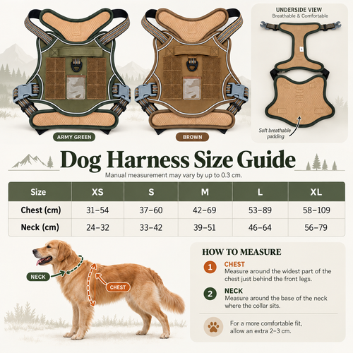 FENROVE dog harness size guide with chest and neck measurements