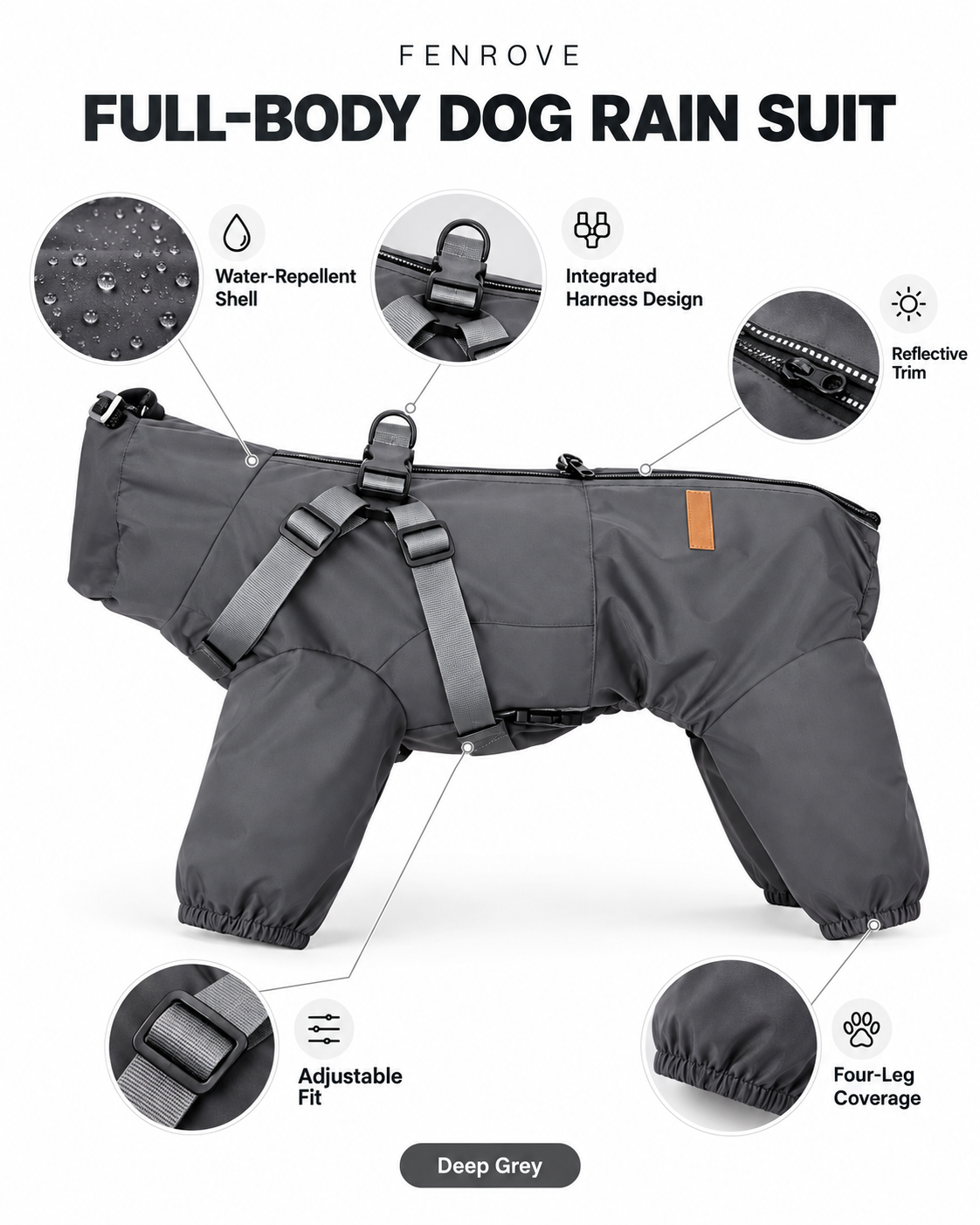 FENROVE Deep Grey rain suit feature guide
