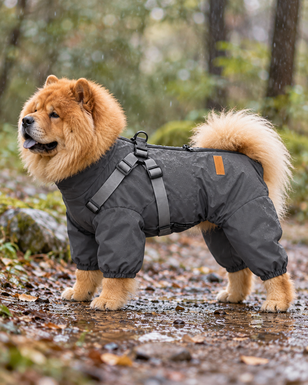 Chow Chow wearing the FENROVE Deep Grey full-body dog rain suit outdoors