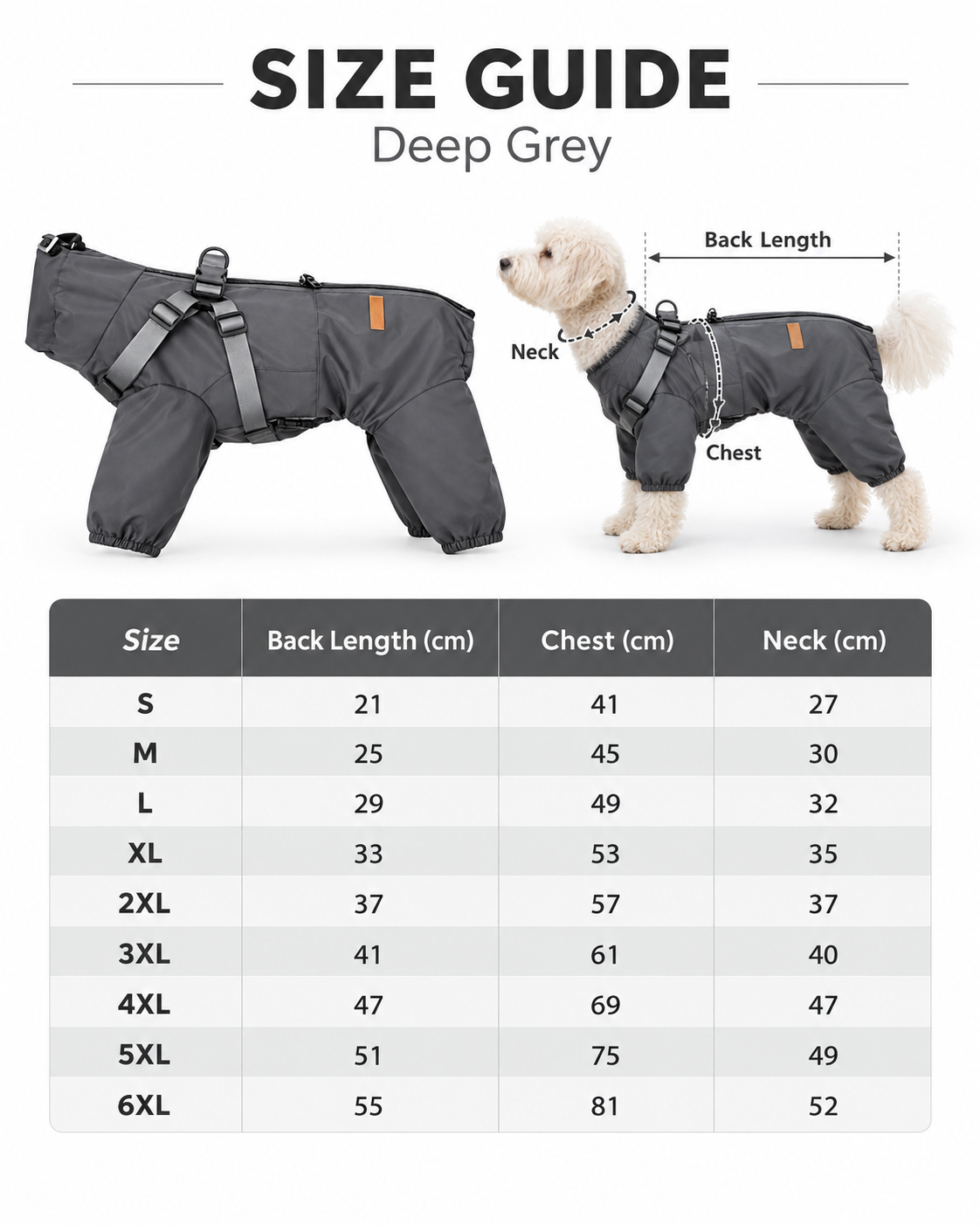 FENROVE Deep Grey rain suit size guide S to 6XL