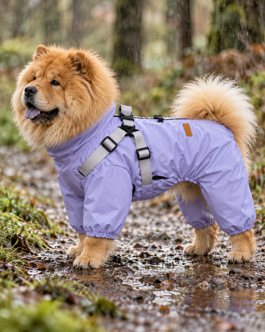 Chow Chow wearing the FENROVE Purple full-body dog rain suit outdoors