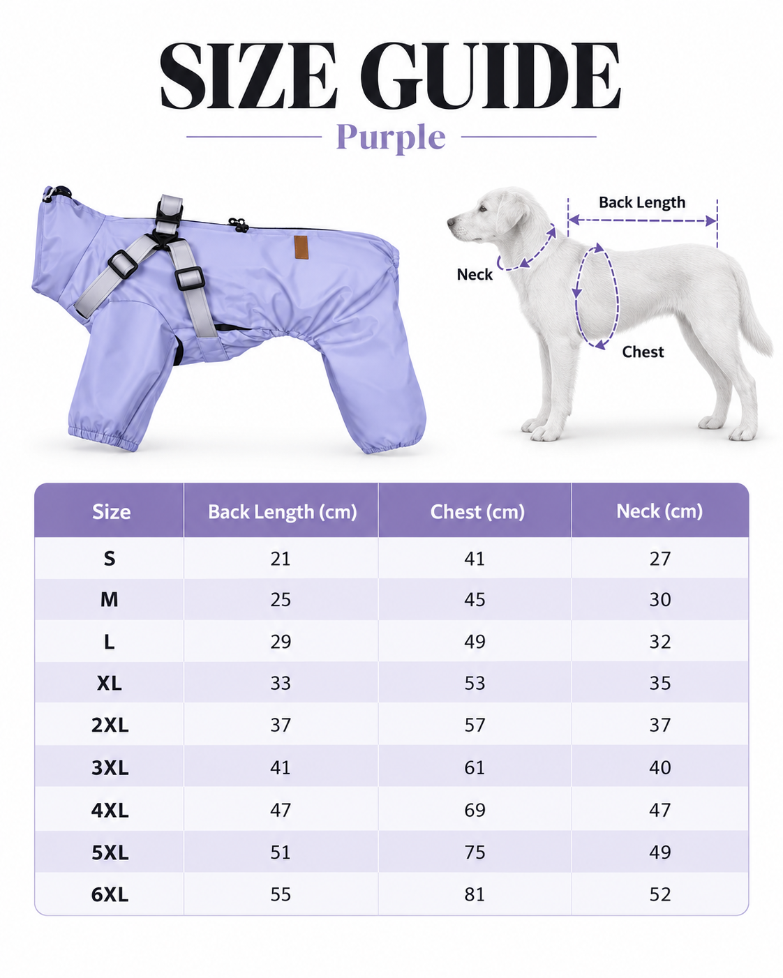 FENROVE Purple rain suit size guide S to 6XL