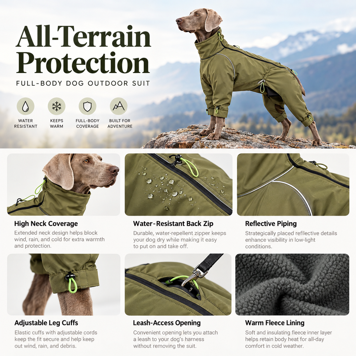 FENROVE TrailShell English feature guide showing high neck, back zip, reflective piping, cuffs, leash access and fleece lining