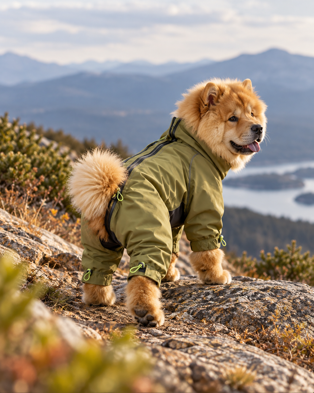 Chow Chow wearing the FENROVE TrailShell Army Green dog suit from a rear angle