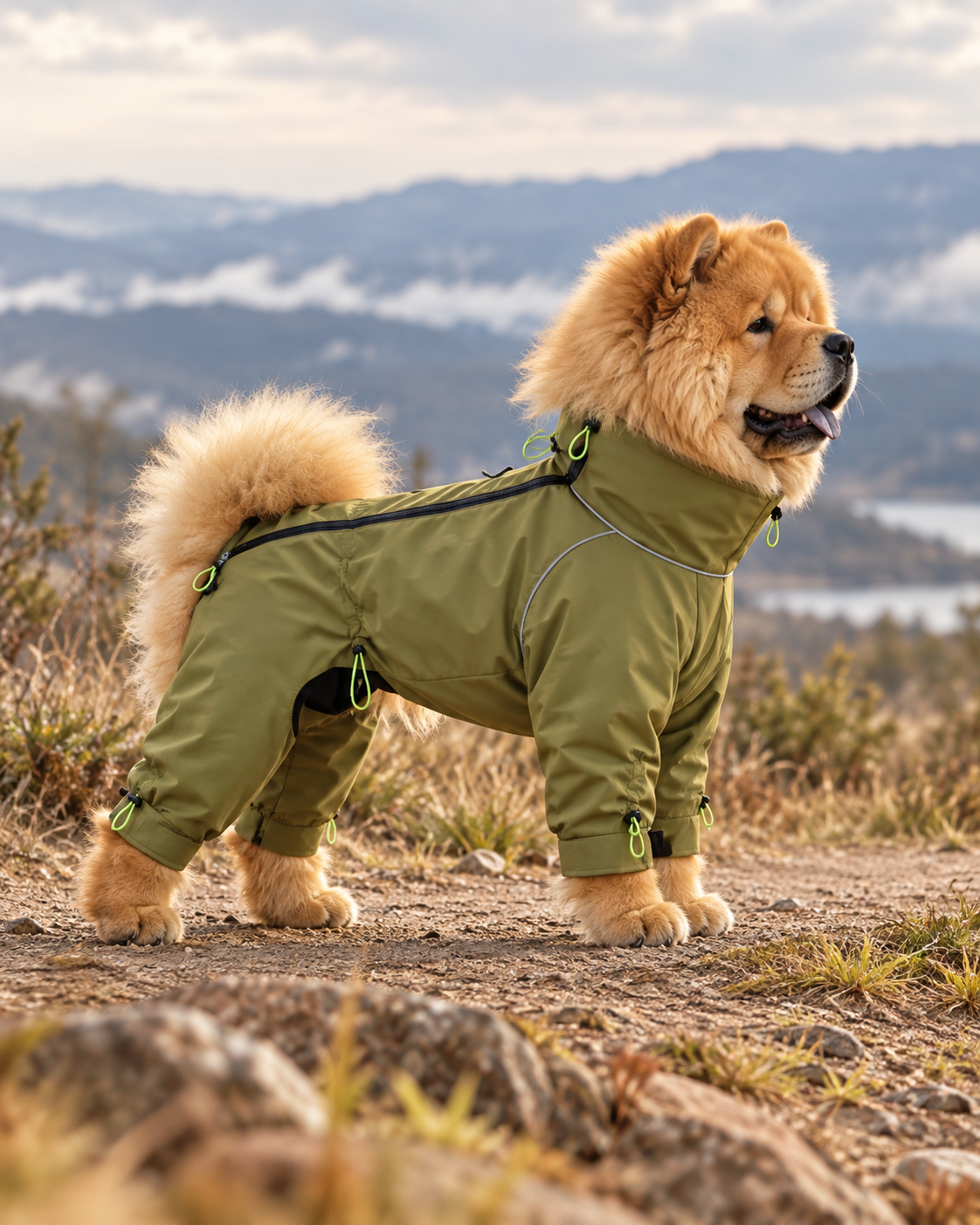 Chow Chow wearing the FENROVE TrailShell Army Green full-body dog suit outdoors