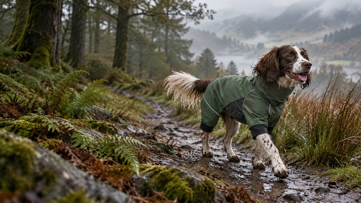 Lifestyle concept: dog in a green outdoor jacket on a woodland walk
